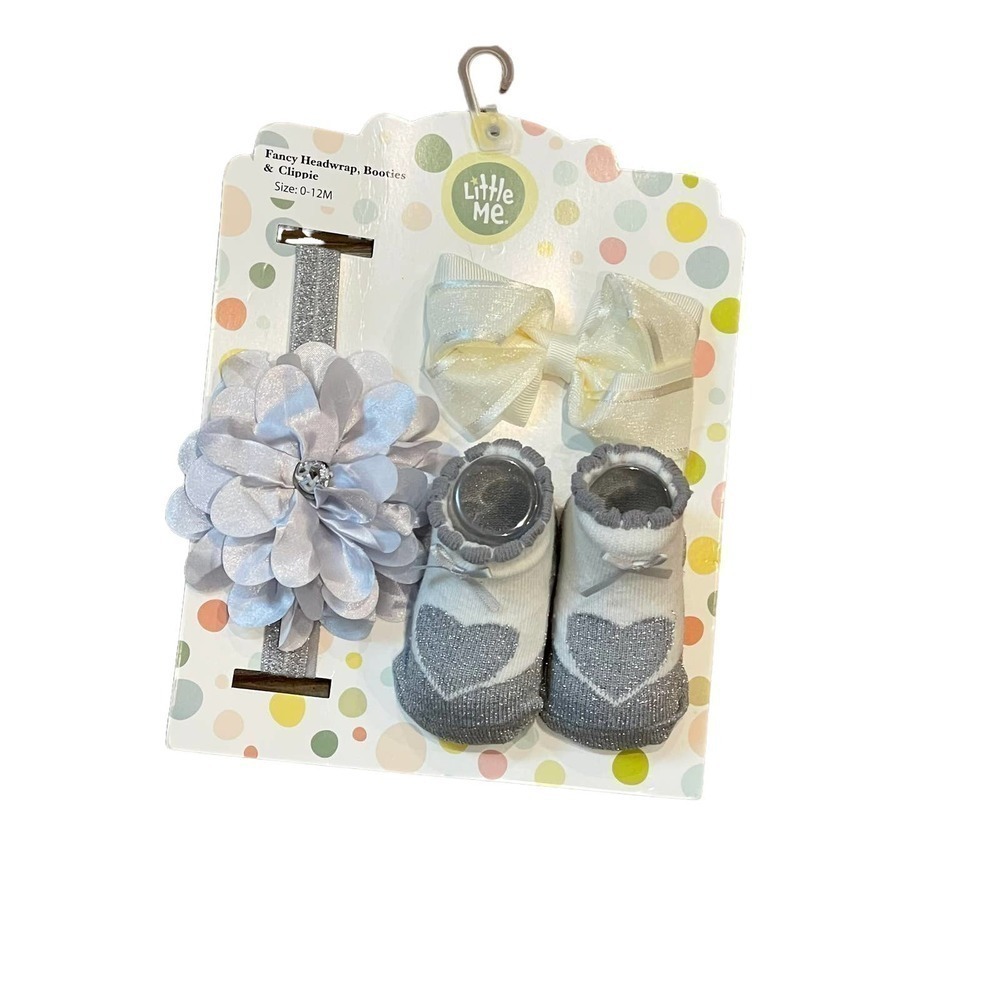 NEW Little Me Fancy Headwrap, Booties & Bow Clippie Gift Set Gray 0-12 Months